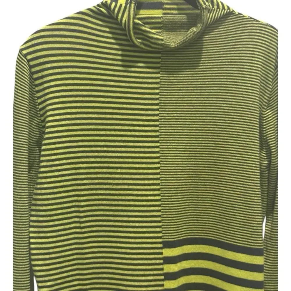 Title Nine Synergy Rolled Mock Neck Sweater Medium Lime Green Striped Turtleneck